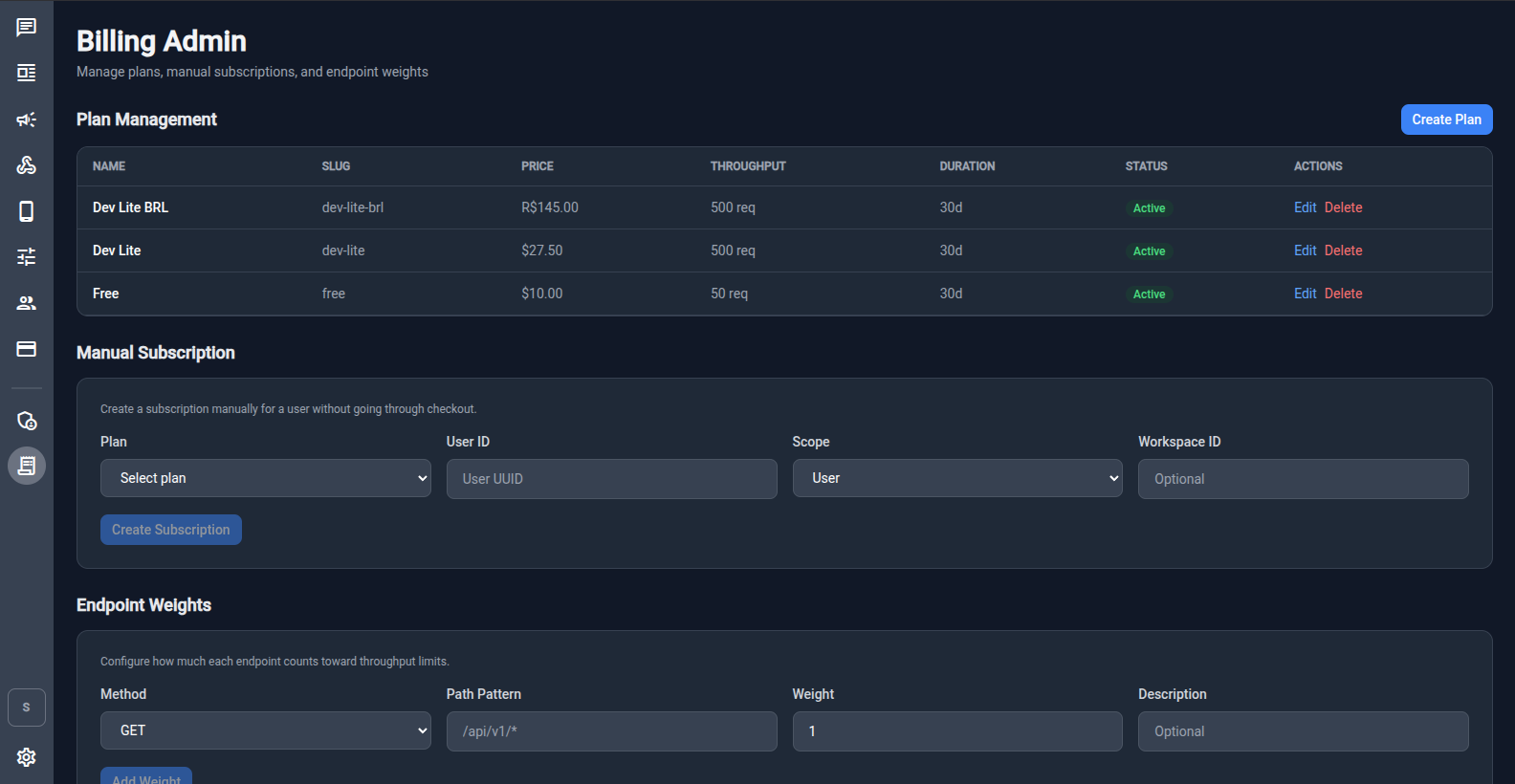 Billing Admin Screen